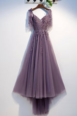 Evening Dresses Petite, Purple Tulle Lace Long Prom Dresses, A-Line Evening Party Dresses