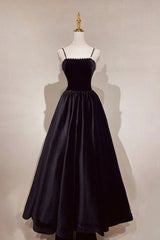 Homecoming Dress Simple, Black Velvet Pearls Long Prom Dresses, Black A-Line Evening Party Dresses