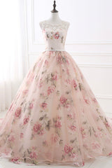 Prom Dresses Style, Pink Floral Pattern Lace Long Prom Dress, A-Line Formal Dress