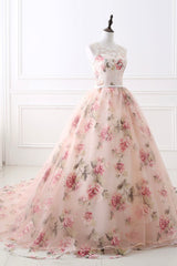 Prom Dress Style, Pink Floral Pattern Lace Long Prom Dress, A-Line Formal Dress