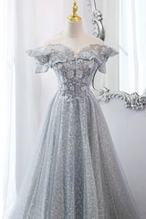 Bridesmaid Dresses 2037, Gray Tulle Lace Long Prom Dresses, A-Line Sequins Evening Dresses