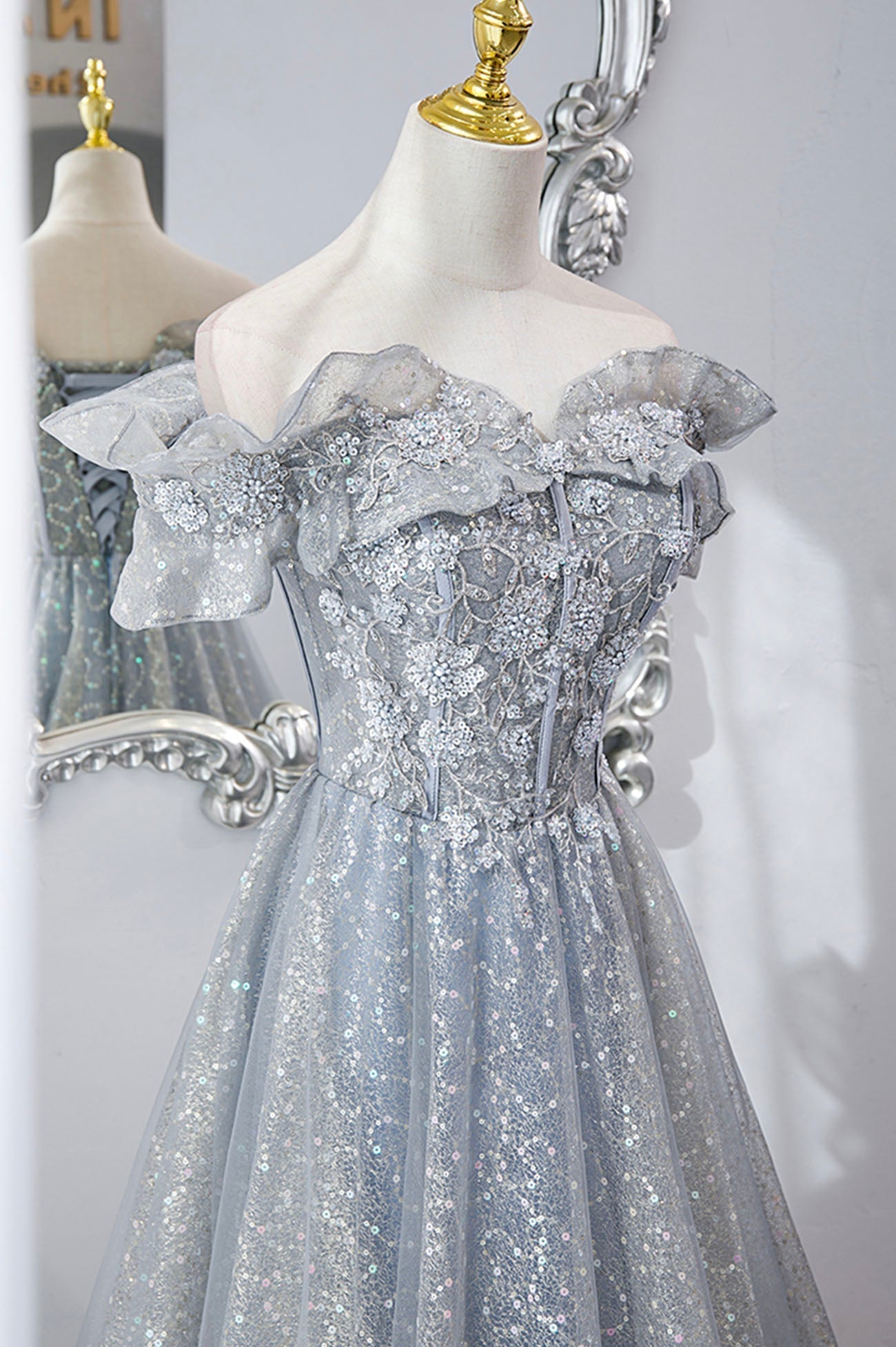 Bridesmaid Dress Sale, Gray Tulle Lace Long Prom Dresses, A-Line Sequins Evening Dresses