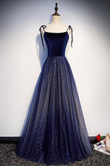 Design Dress Casual, Blue Velvet Tulle Long Prom Dresses, Lovely A-Line Graduation Dresses