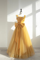 Semi Formal Outfit, Yellow Satin Tulle Long Prom Dress, A-Line Evening Dress with Bow