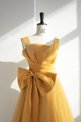 Boho Dress, Yellow Satin Tulle Long Prom Dress, A-Line Evening Dress with Bow