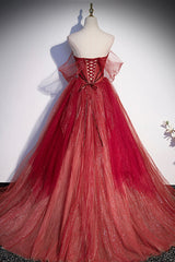 Party Dress Pink, Burgundy Sweetheart Neckline Tulle Long Prom Dress, A-Line Evening Dress