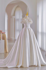 Wedding Dresse Styles, White Satin Long Ball Gown, A-Line Flower Wedding Gown with Bow