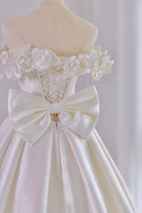 Wedding Dress Color, White Satin Long Ball Gown, A-Line Flower Wedding Gown with Bow