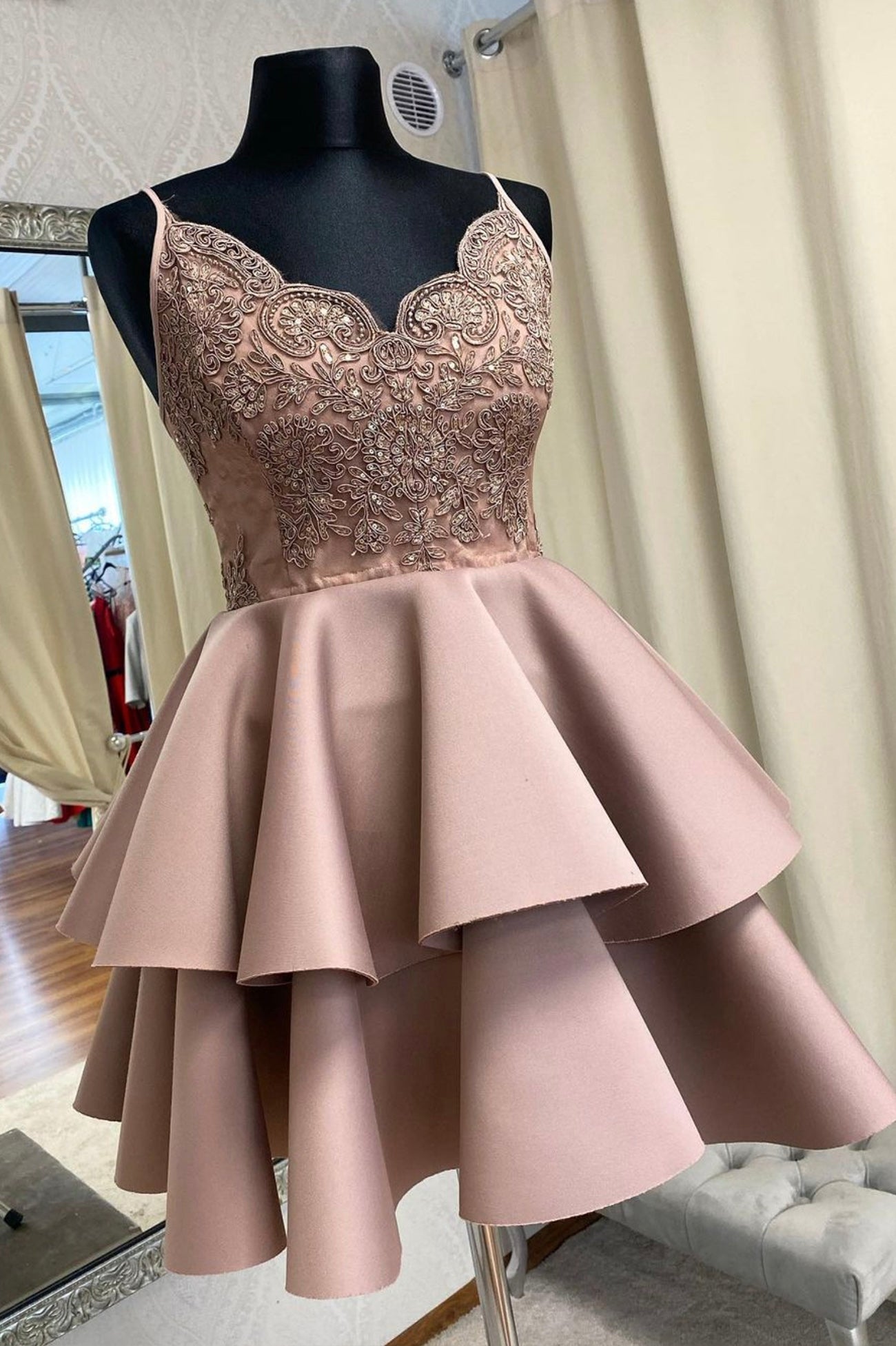 Prom Dresses 2036 Short, A-Line Satin Lace Short Prom Dress, Cute Lace Party Dress