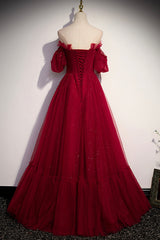 Party Dress For Summer, Burgundy Tulle Long Prom Dresses, A-Line Evening Dresses
