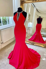 Evening Dress Sale, Red Backless Long Prom Dresses, Mermaid Evening Dresses