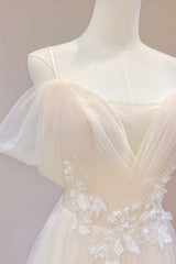 Plu Size Wedding Dress, Champagne Tulle Long Prom Dress, Lovely Lace Formal Evening Dress