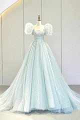 Prom Dresses For Short People, Lovely Puff Sleeve Tulle Formal Evening Gown, A-Line Long Prom Dress