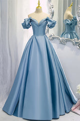 Formal Dress Outfit, Blue V-Neck Satin Long Prom Dress, Off the Shoulder Evening Dress