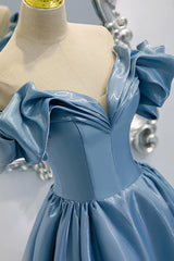 Formal Dressing Style, Blue V-Neck Satin Long Prom Dress, Off the Shoulder Evening Dress