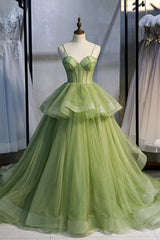 Prom Dresses Dark Blue, Green Tulle Long Prom Dresses, A-Line Evening Dresses with Train