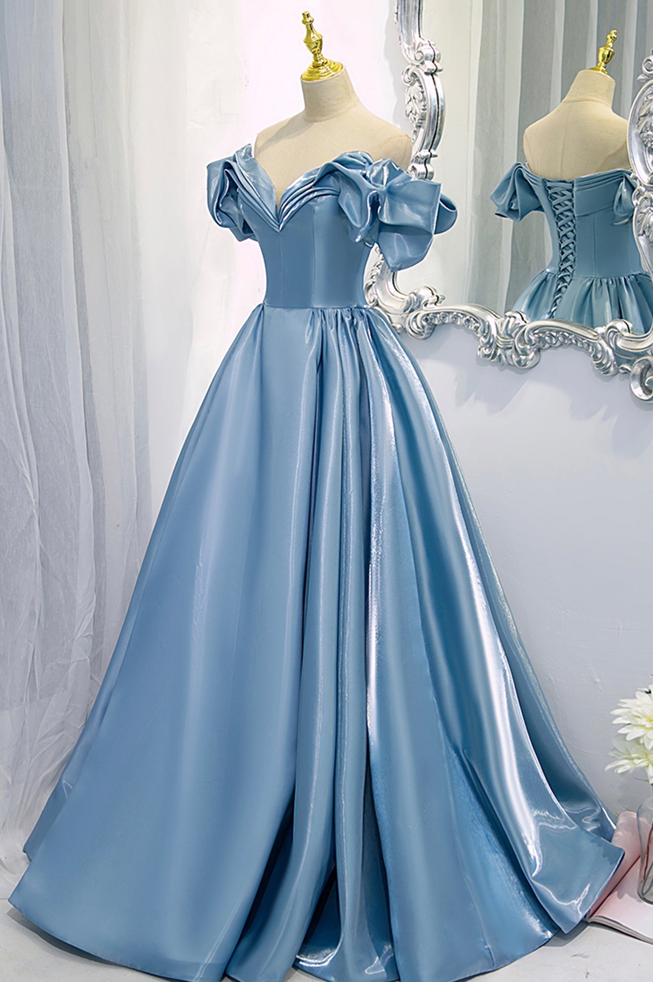 Formal Dress Style, Blue V-Neck Satin Long Prom Dress, Off the Shoulder Evening Dress