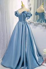 Formal Dress Style, Blue V-Neck Satin Long Prom Dress, Off the Shoulder Evening Dress