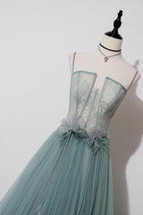 Bridesmaid Dresses Pink, Green Lovely Tulle Straps Long A-Line Prom Dresses, Green Evening Dresses