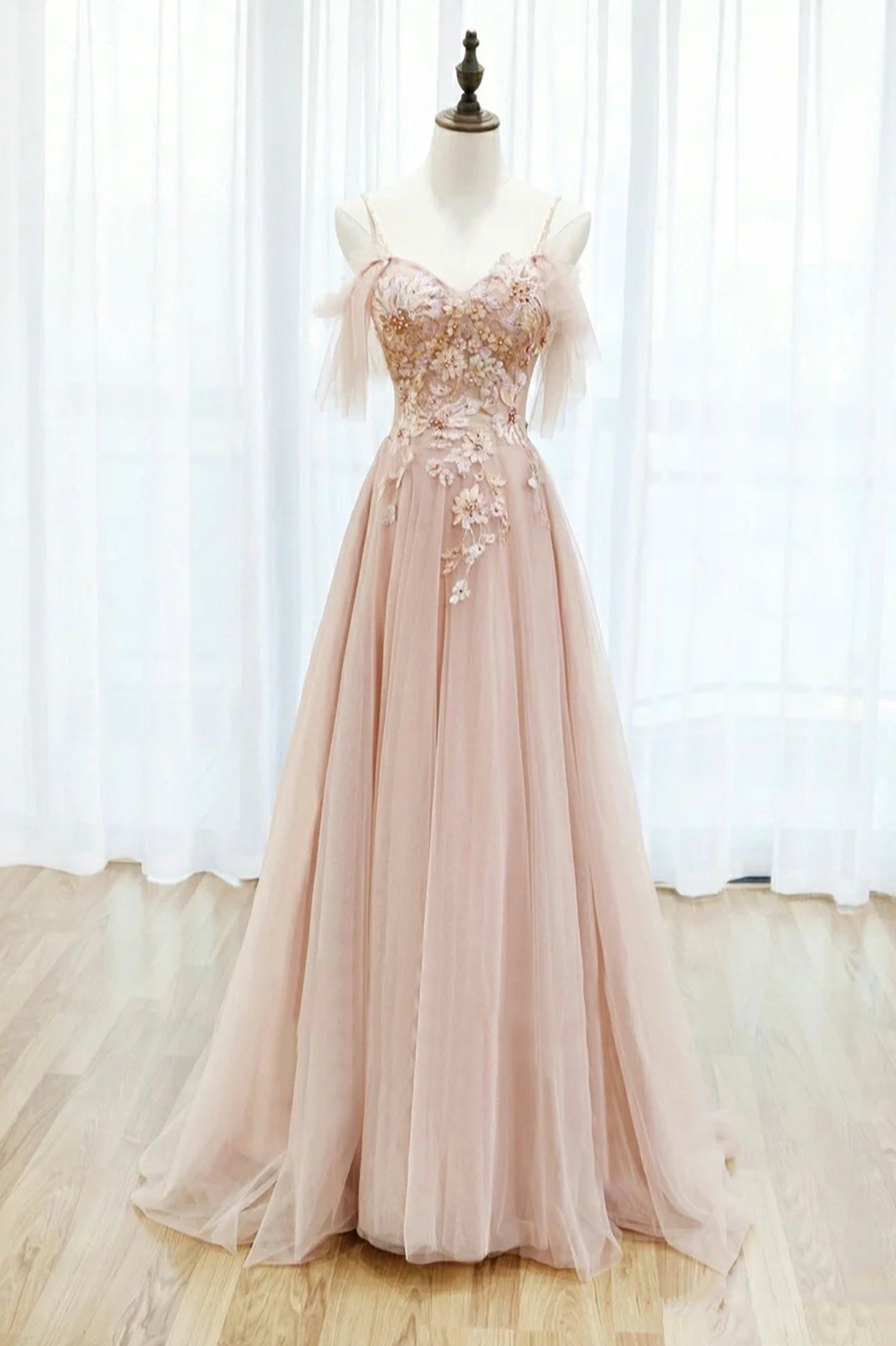 Homecoming Dresses Sparkles, Pink Tulle Lace Long A-Line Prom Dress, Spaghetti Strap Formal Evening Dress