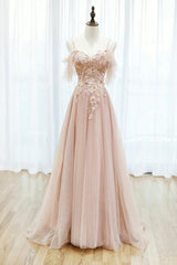 Homecoming Dresses Sparkles, Pink Tulle Lace Long A-Line Prom Dress, Spaghetti Strap Formal Evening Dress