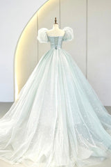 Prom Dresses Shorts, Lovely Puff Sleeve Tulle Formal Evening Gown, A-Line Long Prom Dress