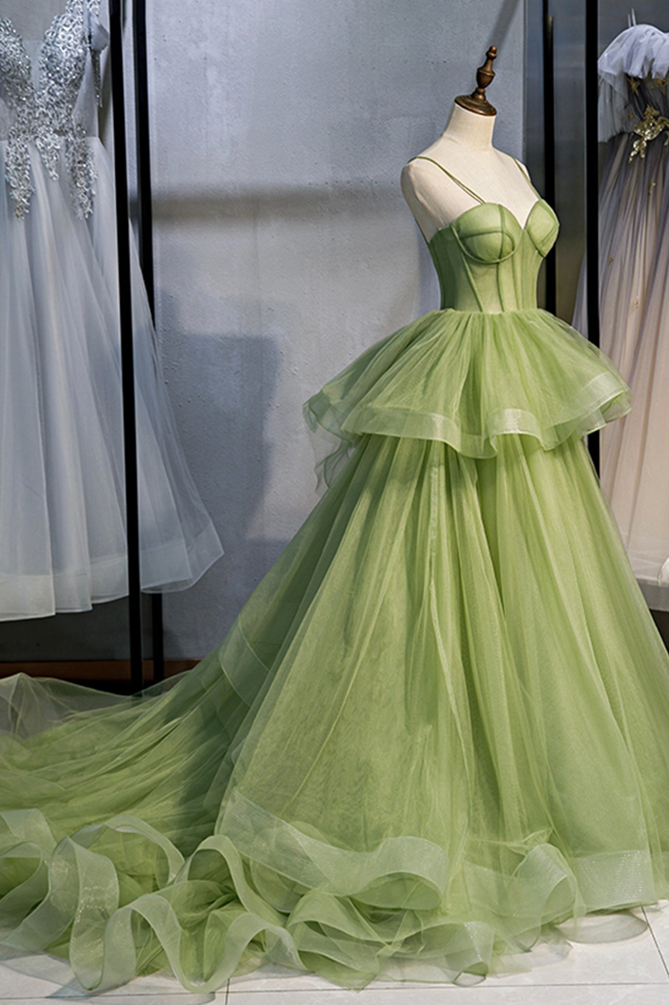 Prom Dress Blush, Green Tulle Long Prom Dresses, A-Line Evening Dresses with Train
