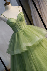 Prom Dress Navy, Green Tulle Long Prom Dresses, A-Line Evening Dresses with Train