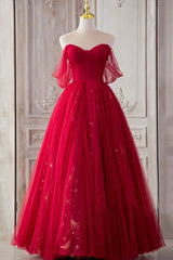 Pleated Dress, Red Tulle Long Prom Dresses, A-Line Off the Shoulder Formal Dresses