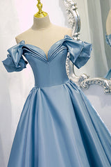Formal Dress Styles, Blue V-Neck Satin Long Prom Dress, Off the Shoulder Evening Dress