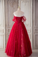 Princess Prom Dress, Red Tulle Long Prom Dresses, A-Line Off the Shoulder Formal Dresses