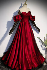 Club Outfit, Burgundy Satin Tulle Long Prom Dress, A-Line Sweetheart Neck Evening Dress