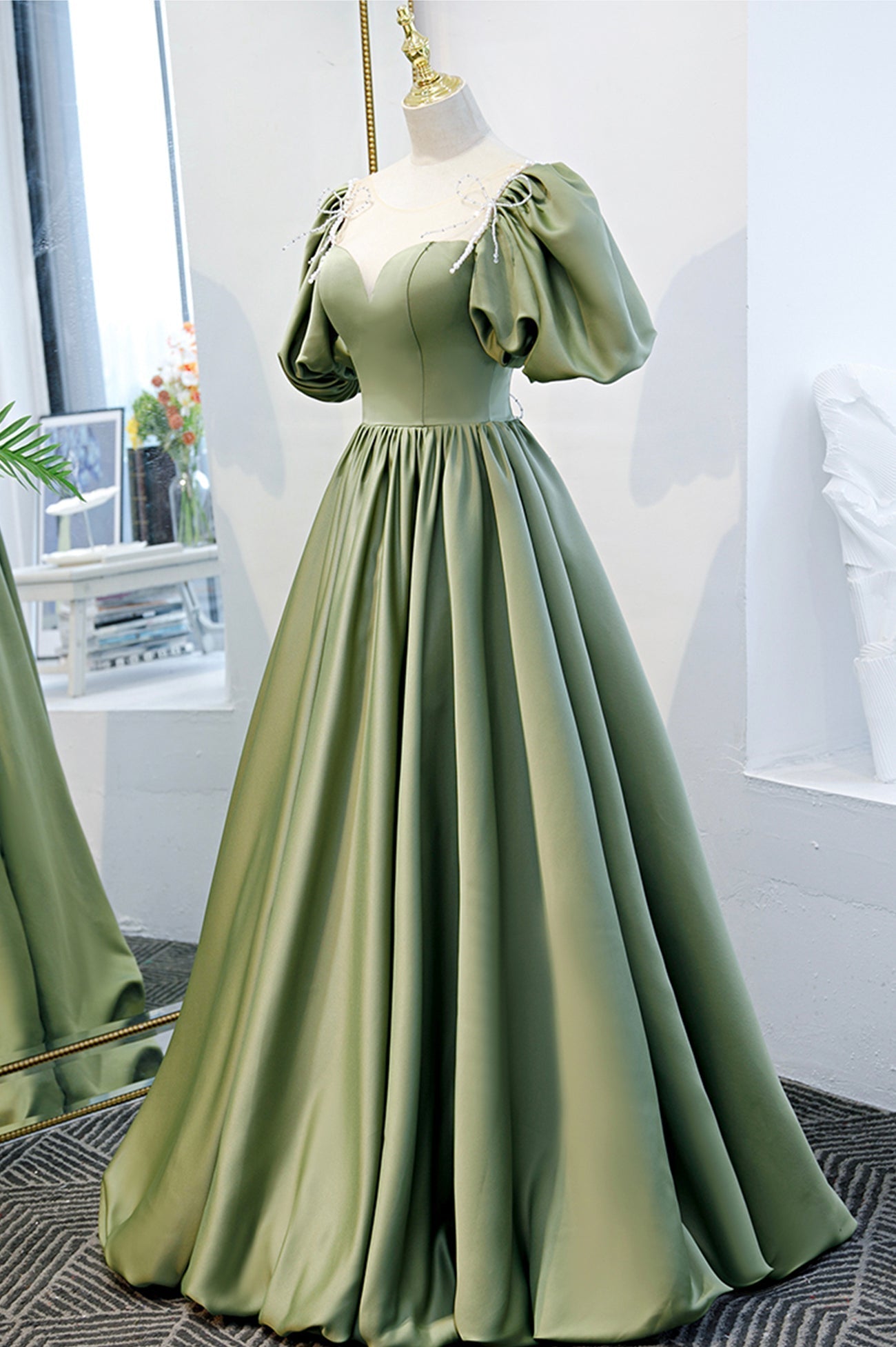 Bridesmaid Dresses Long, Green Satin A-Line Long Formal Dress, Green Junior Prom Dress