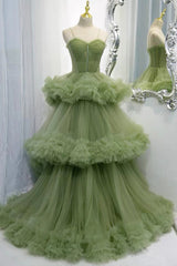 Prom Dresses For Curvy Figures, Green Tulle Long Prom Dresses, A-Line Formal Evening Dresses