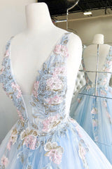 Dress Prom, Blue V-Neck Tulle Lace Long Prom Dresses, Elegant Blue Formal Dresses