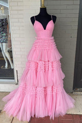 Homecoming Dresses Style, Pink V-Neck Layers Tulle Long Ball Gown, A-Line Spaghetti Strap Evening Dress