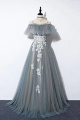 Bridesmaid Dress By Color, Gray Tulle Lace Long Prom Dress, A-Line Evening Dress
