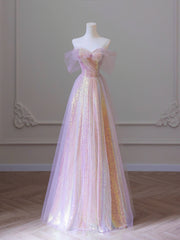 Best Prom Dress, Shiny Tulle Sequins Long Prom Dress, A-Line Off the Shoulder Evening Dress