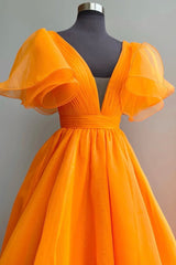 Prom Dresses Gown, Orange Organza Long A-Line Prom Dress, Beautiful V-Neck Evening Dress