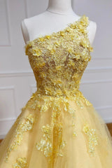 Formal Dress Online, Yellow Lace One Shoulder Evening Dress, A-Line Tulle Long Prom Dress