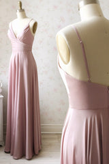 Homecoming Dress Style, Pink V-Neck Satin Long Prom Dress, A-Line Evening Dress