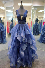 Formal Dresses For Black Tie Wedding, Blue Tulle Beading Long Prom Dresses, A-Line Two Pieces Evening Dresses