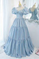Homecoming Dresses Silk, Blue A-Line Long Prom Dress, Blue Formal Evening Dress