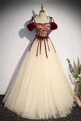 Wedding Photo, Champagne Tulle Spaghetti Strap Long Prom Dress, A-Line Formal Evening Dress