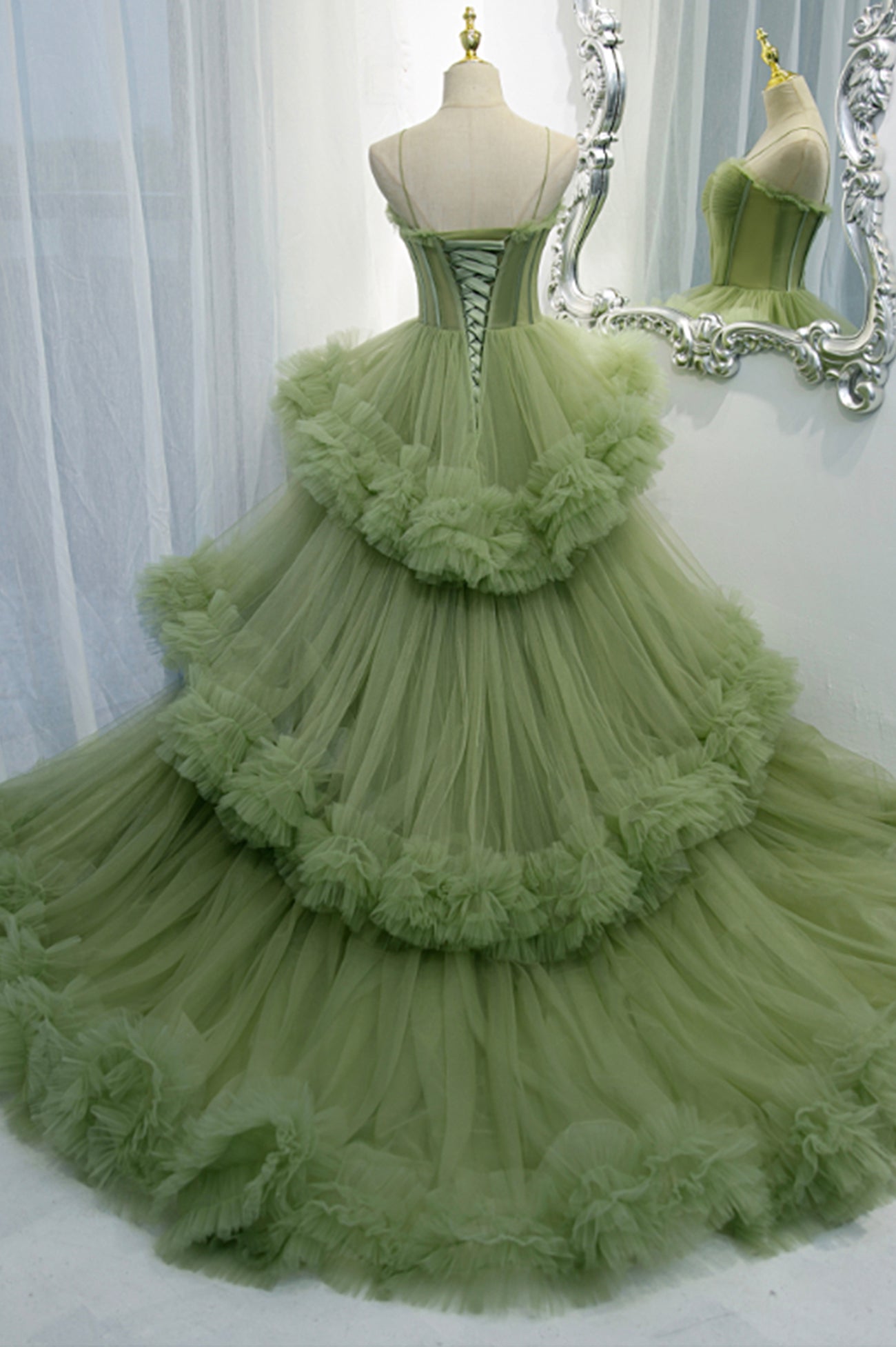 Prom Dresses For Curvy Figure, Green Tulle Long Prom Dresses, A-Line Formal Evening Dresses