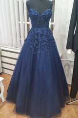Evening Dress Sale, Blue Spaghetti Strap Tulle Appliqu¨¦d Long A-Line Prom Dress
