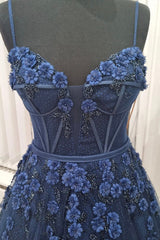 Evening Dress For Sale, Blue Spaghetti Strap Tulle Appliqu¨¦d Long A-Line Prom Dress