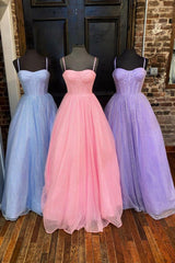 Prom Dress Type, Lovely Tulle Spaghetti Strap Long Prom Dresses, A-Line Evening Dresses