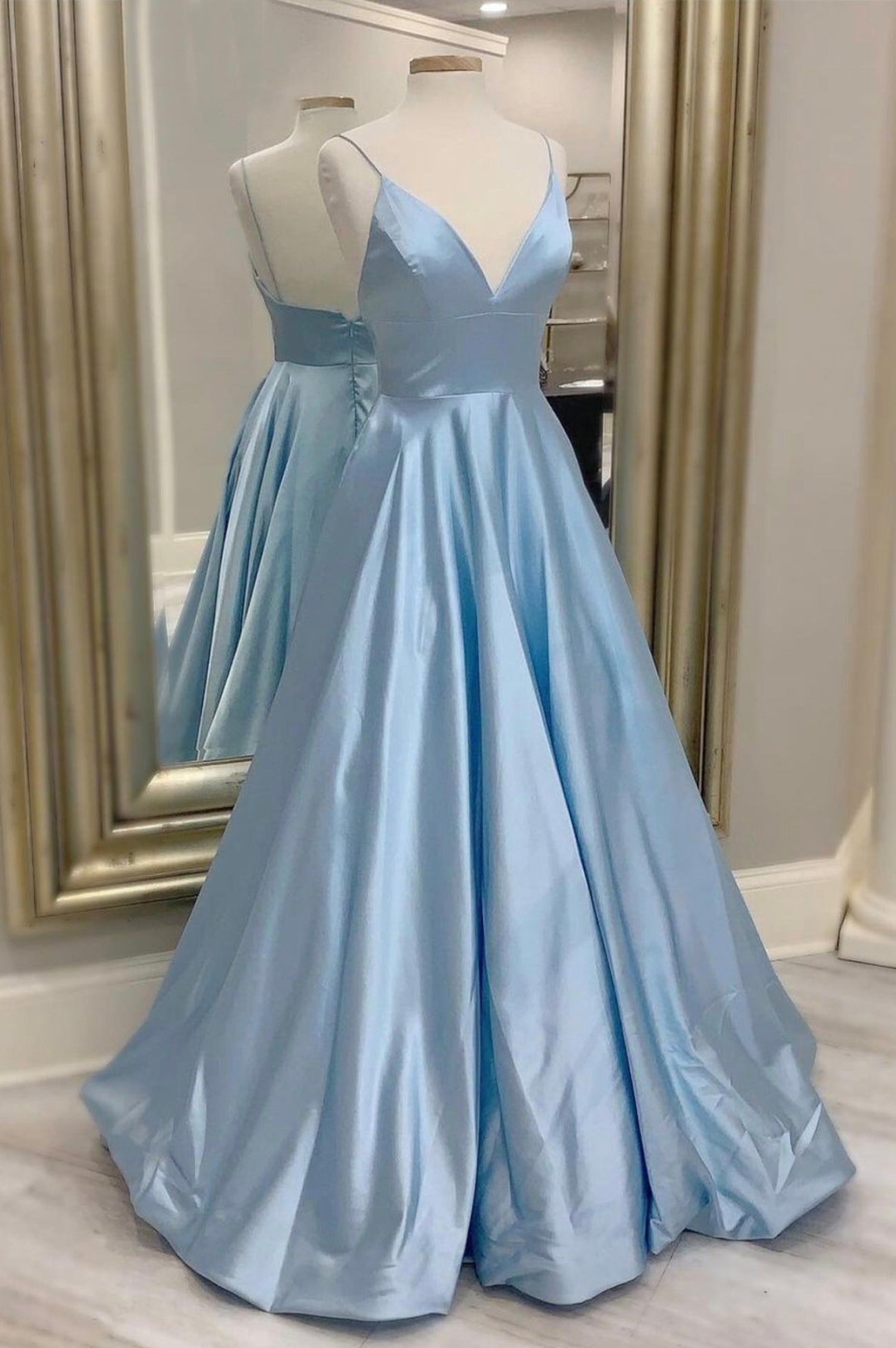 Formal Dresses Ideas, Blue V-Neck Satin Long Prom Dresses, Simple A-Line Evening Dresses