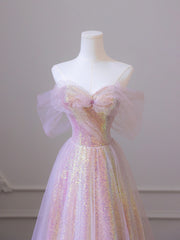 Dress To Wear To A Wedding, Shiny Tulle Sequins Long Prom Dress, A-Line Off the Shoulder Evening Dress